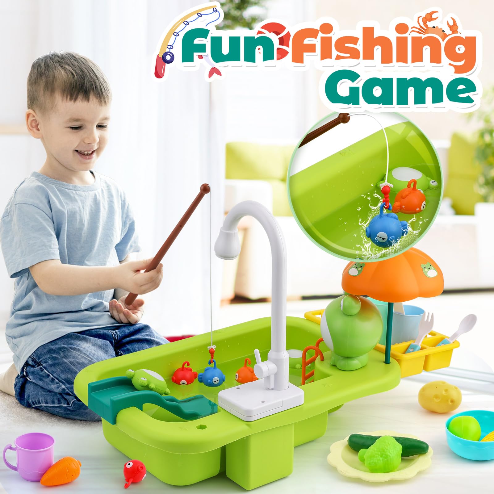 FRUSE Jouets évier de Cuisine,Kit Cuisine pour Enfant avec Lave-Vaisselle,Robinet électrique,Accessoire de Cuisine pour Enfants,Jouets de Pêche Flottants,Jeux Exterieur Enfant 3 4 5 6 7 Ans(Vert)