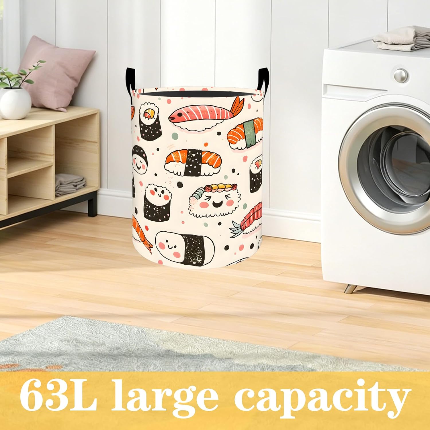 Cartoon Sushi Food Laundry Basket Japanese Snack Waterproof Oxford Fabric Cloth Storage Hamper, 19.7x15.7inch Cute Kitchen Portable Dirty Baskets Decor Gifts for Living Room Bathroom image 2