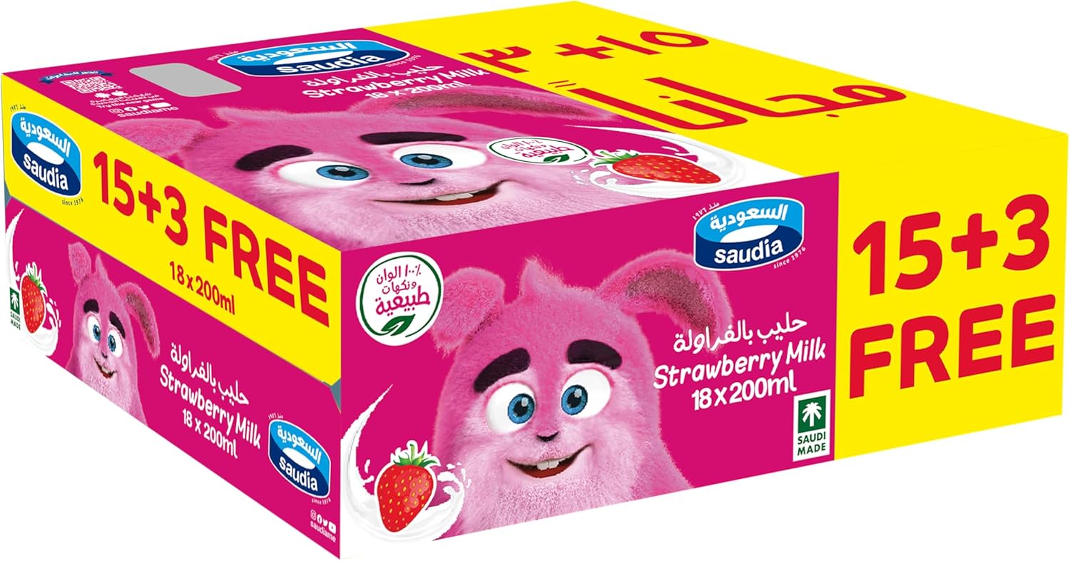 Saudia Strawberry UHT Milk (15+3 Free) x 200ML, Packaging May Vary Saudia Strawberry UHT Milk (15+3 Free) x 200ML, Packaging May Vary