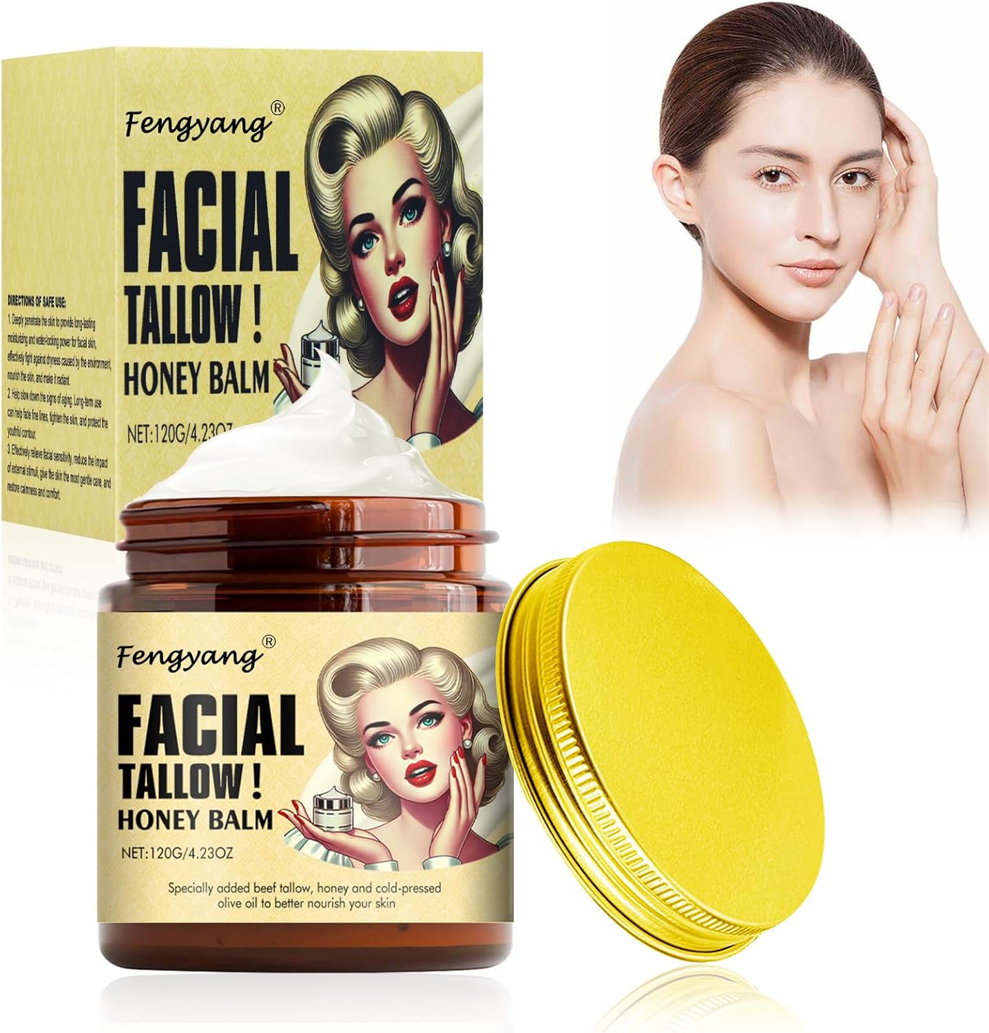 Fengyang® Beef Tallow Honey Cream, Beef Tallow Skin Care Cream, Whipped Tallow Beef Honey Balm, Facial Cream for Nourishing Dry Skin, Beef Tallow Wrinkles Defense Facial Moisturizer for Women