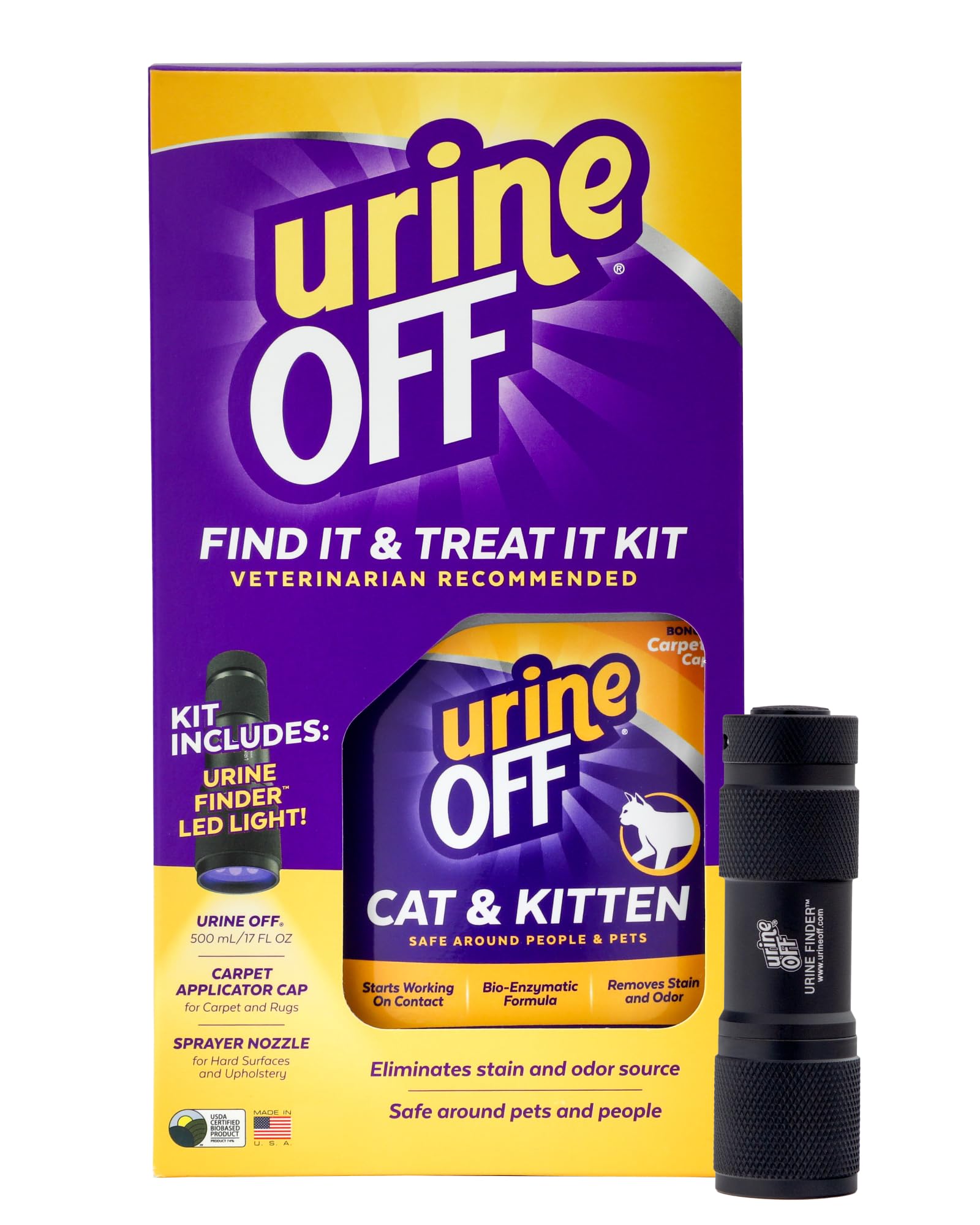 Urine OFF Kitten &amp; Cat Pet Stain Remover &amp; LED Urine Finder Light | Fresh Scent Carpet Cleaner | Bio Enzymatic Stain &amp; Urine Odor Eliminator | Pet Safe Cleaner | 16 oz.
