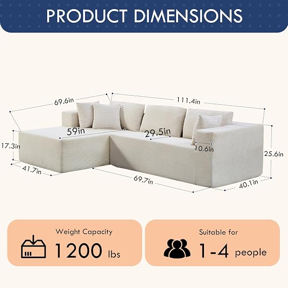 111 L Shaped Modular Sectional Sofa Couch, Modern Boneless Couches with Chaise for Living Room Beige, No Assembly Cloud Couch Sleeper Sofa