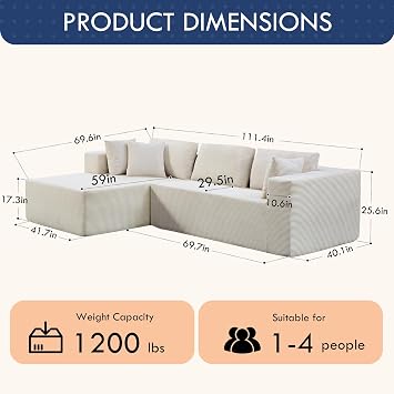 111 L Shaped Modular Sectional Sofa Couch, Modern Boneless Couches with Chaise for Living Room Beige, No Assembly Cloud Couch Sleeper Sofa