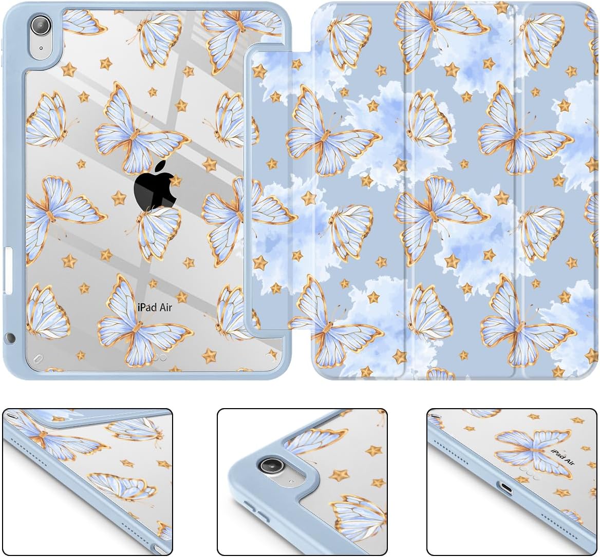 Tuiklol Case for iPad Air 11 Inch (M3 2025/M2 2024) / iPad Air 10.9 Inch 2022 2020 Air 5th /4th Gen, Buit in Pencil Holder with Shockproof Cover Clear Transparent Back Auto Wake/Sleep, Butterfly Blue - Image 8