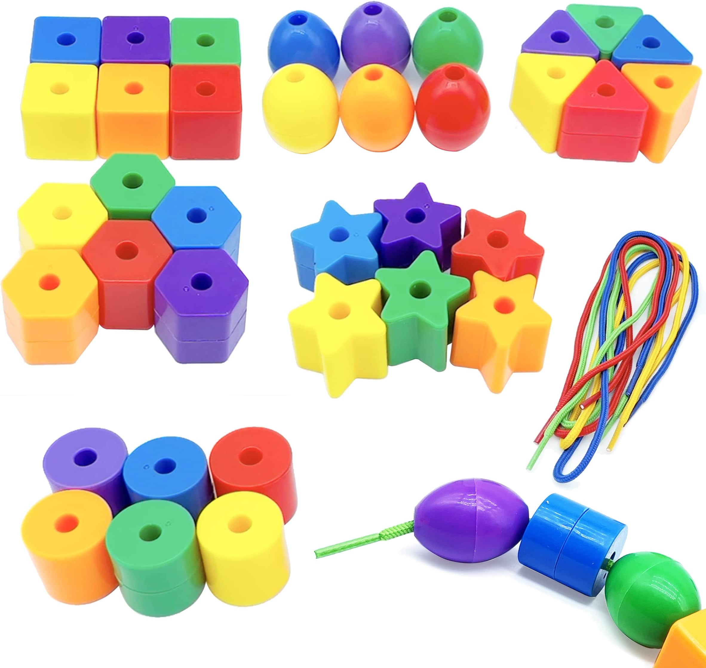 Toddler Toys - Big Lacing Beads Set for Fine Motor Skills & Hand-Eye Coordination Baby Toys - 36 Beads & 6 Strings - Color Sorting & Counting Educational Learning Toy Montessori Toys