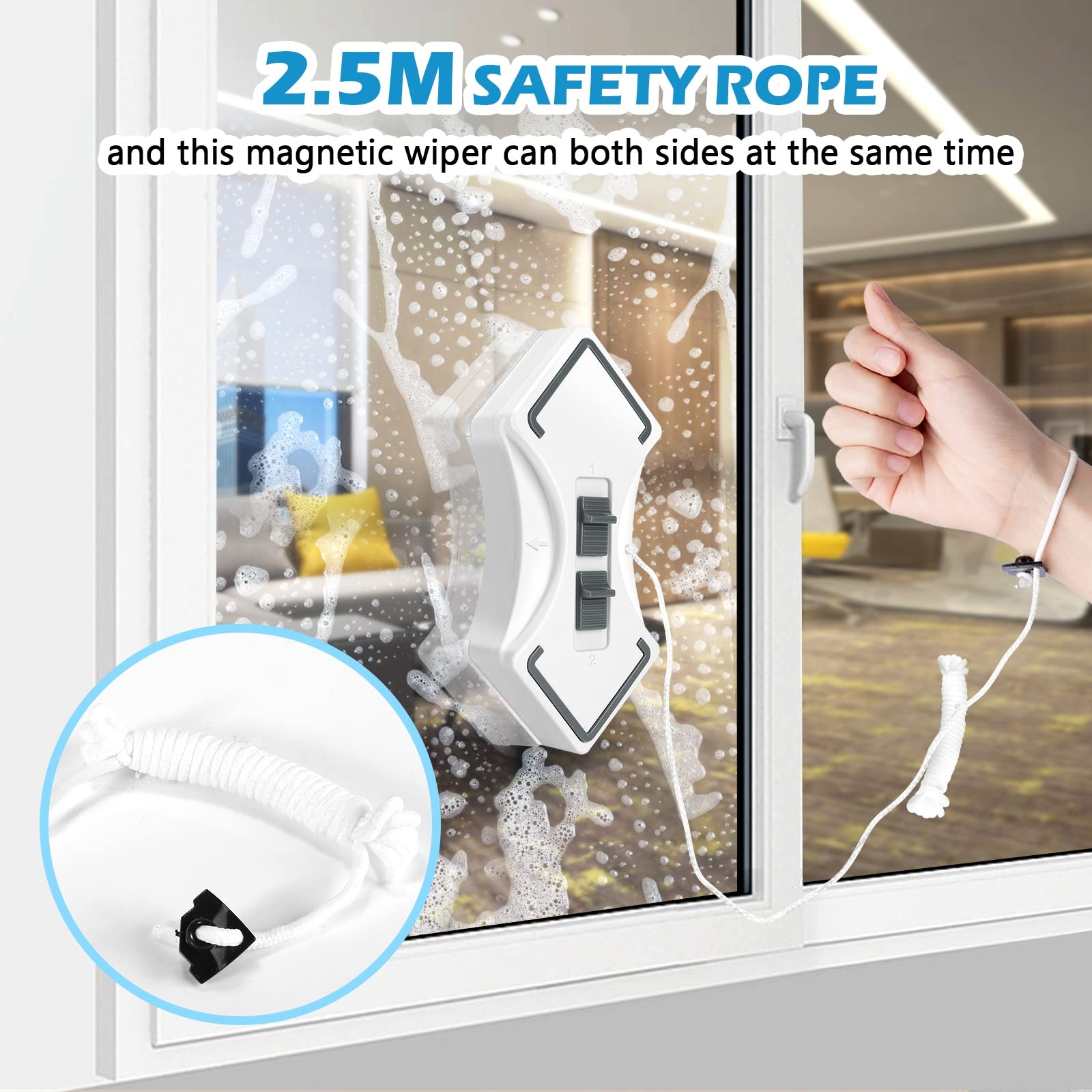 Limpiador De Ventanas Magnético, Limpiacristales Magnético Limpiador De Ventanas Magnético De Doble Cara Ajustable Herramienta De Limpieza con Cuerda De Seguridad En Forma De Diamante 3-30 Mm