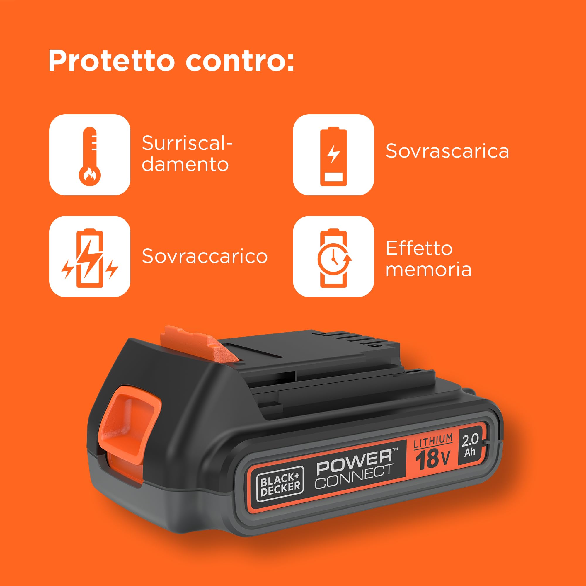 BLACK+DECKER 18V, 2.0AH, batteria agli ioni di litio, compatibile con tutti i prodotti BLACK+DECKER da 18V, BL2018-XJ
