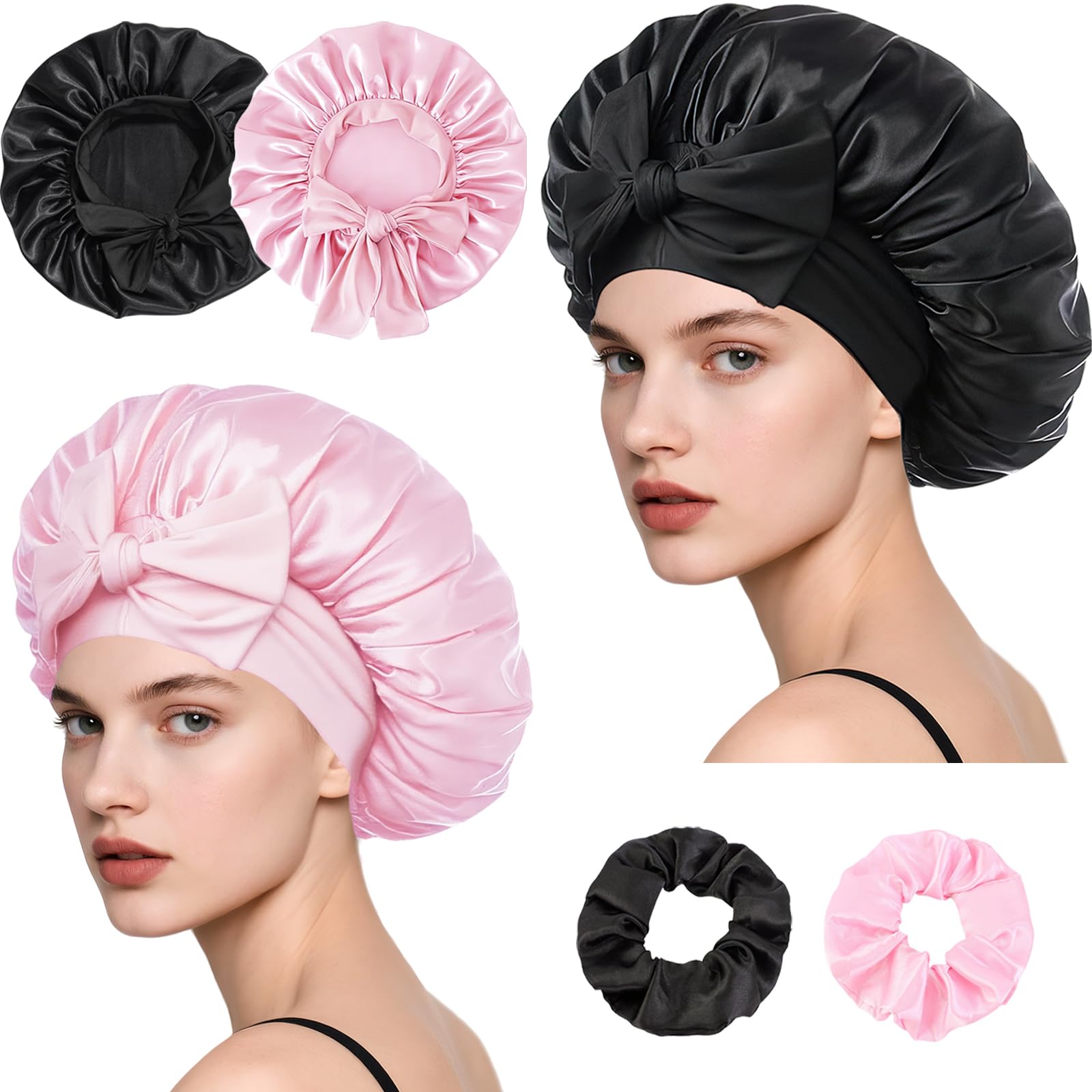 Loomify 2 Pezzi Cuffia Seta Capelli Notte, Bonnets Seta per Capelli Ricci, Cuffia Capelli Ricci Notte per Dormire, Cuffie di Seta con Laccetti per Donna Ragazza (Nero/Rosa)