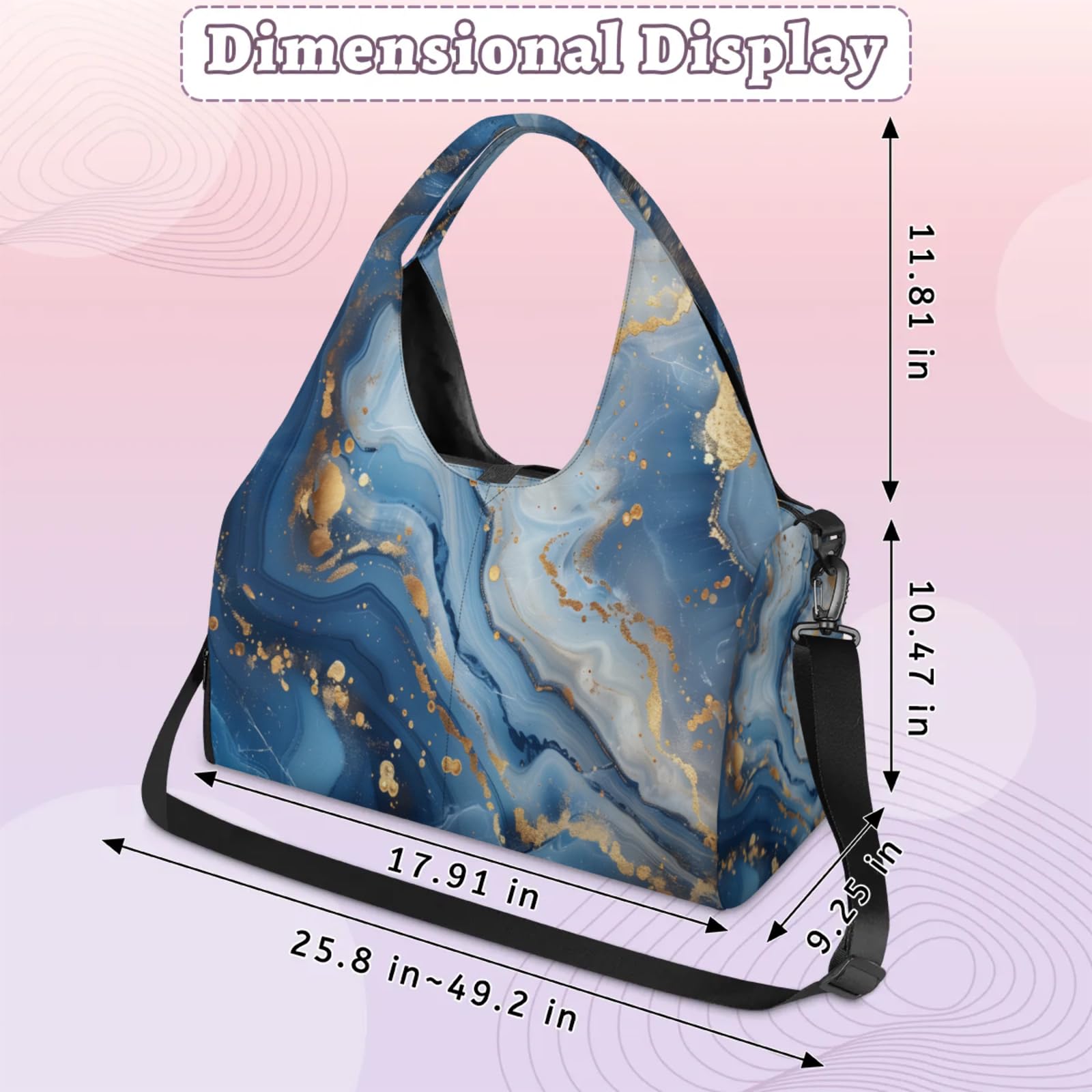 Eativisa Marble Blue Gold Yoga Tote Bag - Women's Waterproof Gym Bag with Adjustable Shoulder Strap, Shoe Compartment, Multiple Pockets for Yoga Mat, Shoes (17.9 x 9.25 x 10.47 inches)