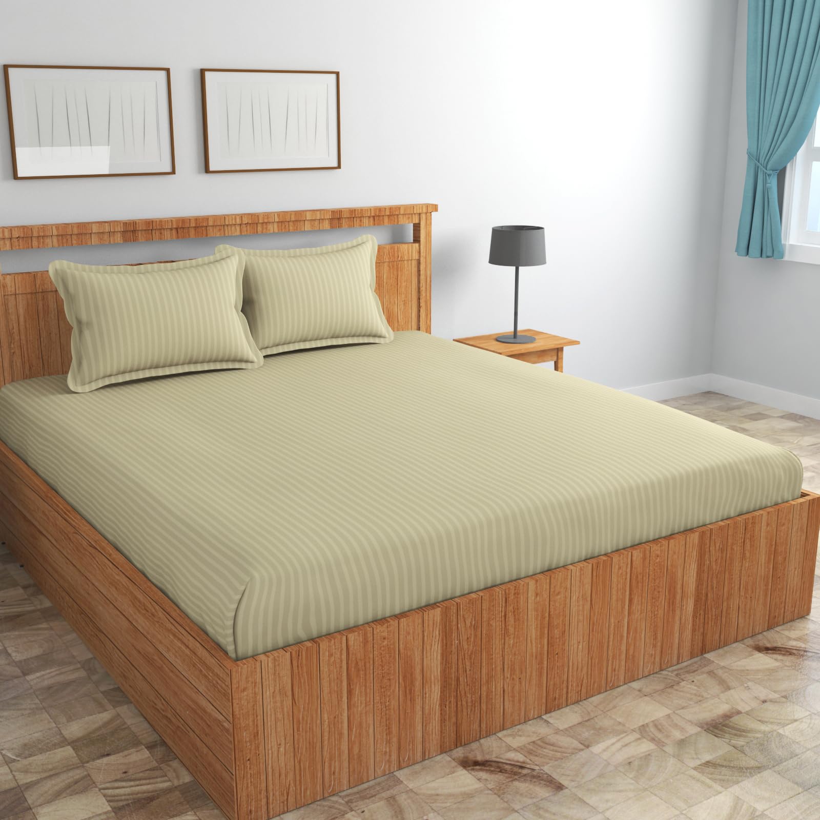 Homefab India 160 TC Stripe Cotton Feel Glace Cotton Elastic Fitted King Size Double Bed Bedsheet with 2 Pillow Covers Fits Upto 6 inches Mattress, Size-72X78 inches, Ecru