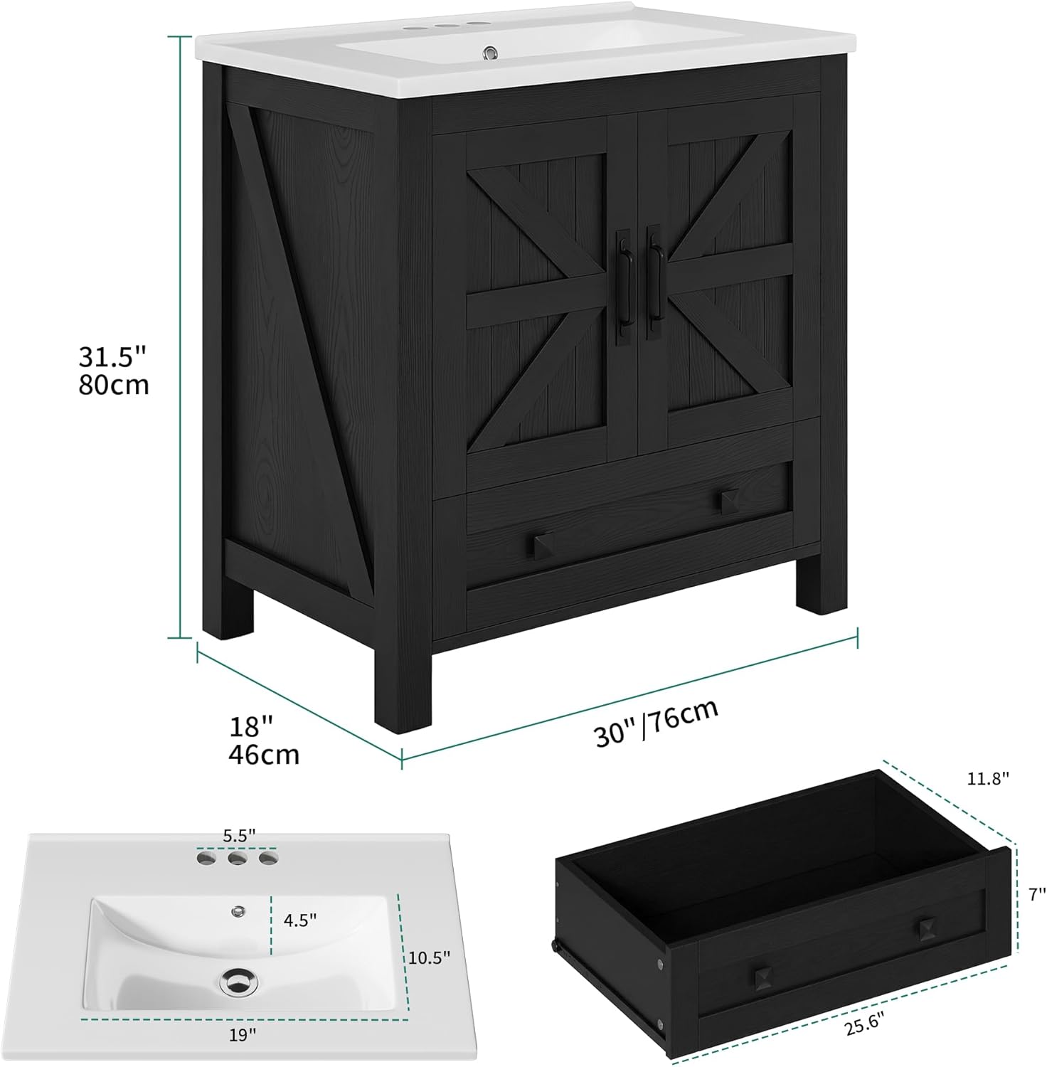 YITAHOME 30 Inch Farmhouse Bathroom Vanity with Sink, Small Space Bathroom Storage Cabinet with Large Drawer, 2 Wood Barn Doors with Built-in Door Racks