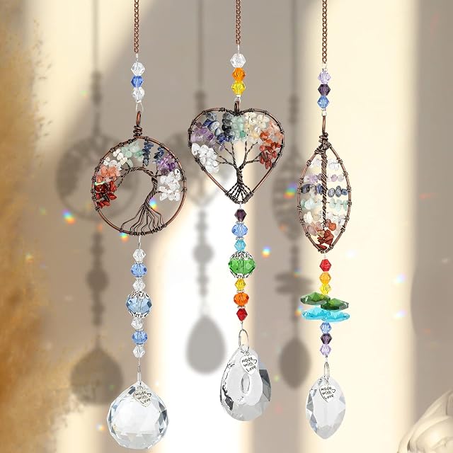 EEEKit 3Pcs Crystal Suncatchers, Tree of Life Crystal Hanging Ornament, Healing Gemstone Wall Hanger, Rainbow Maker Crystal Prism Ball Pendant with Chakra Beads for Window Home Garden Car Decor