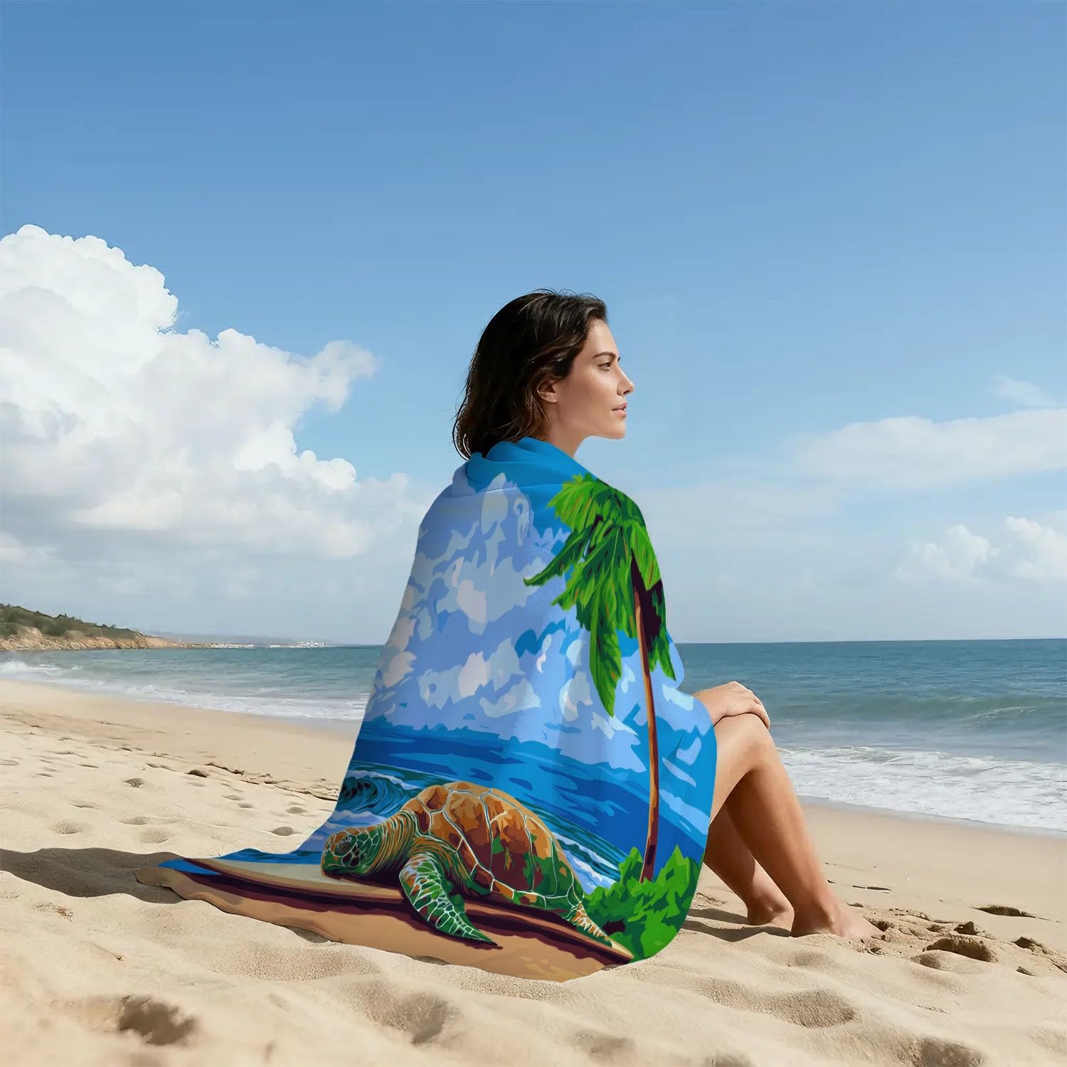 Cartoon, Strand, Sommer, Weiße Wolken Strandtuch 200 x 145 cm – Saugfähiges Schnell trocknendes Strandtuch Surfbretter, Meeresschildkröten, Blauer Himmel für Campen, Picknick, Ausflüge