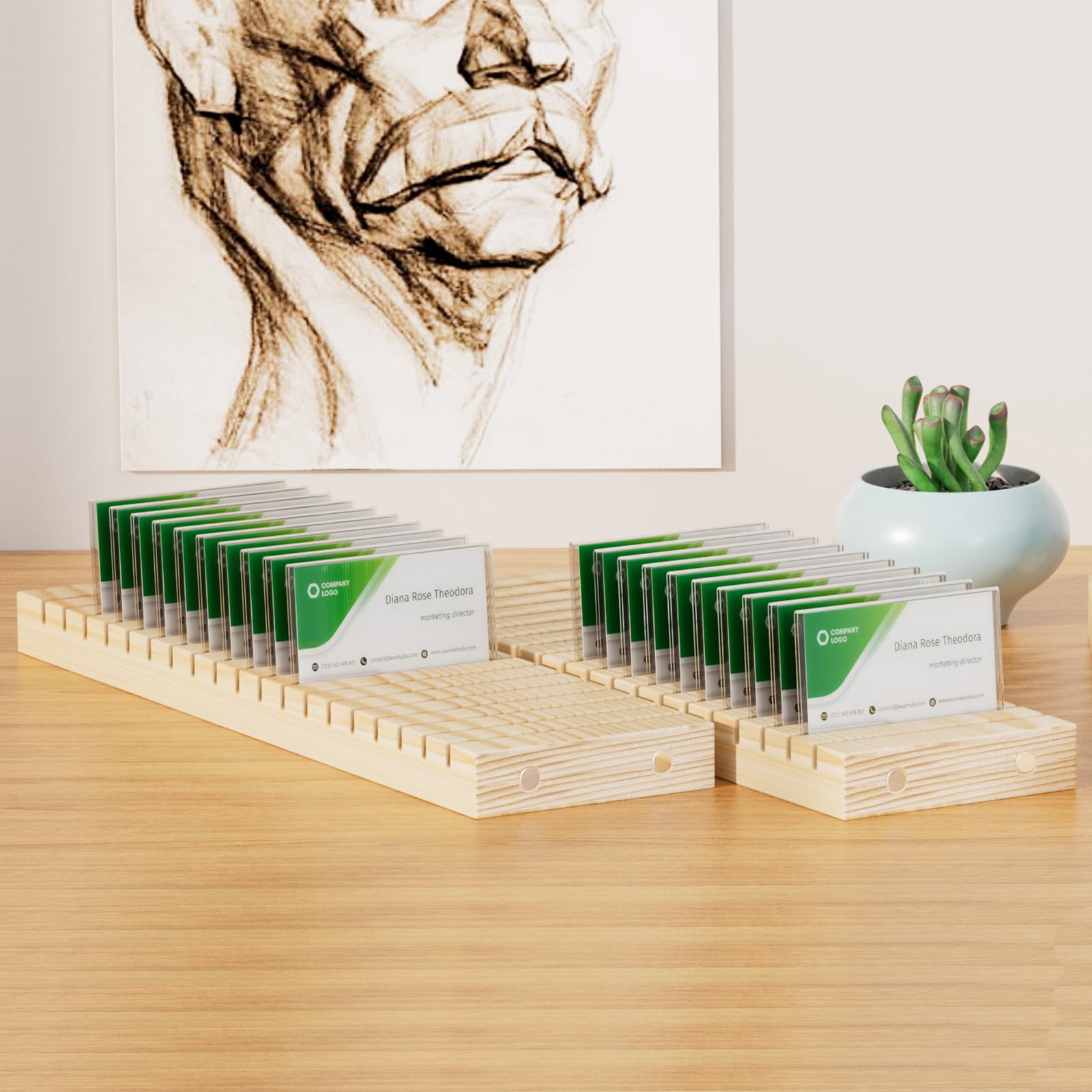 bimiti 4 porta badge in legno e organizer per biglietti da visita, vassoio per badge identificativo con slot per biglietti da visita, decorazione da scrivania per ufficio per affari, segnaposto da