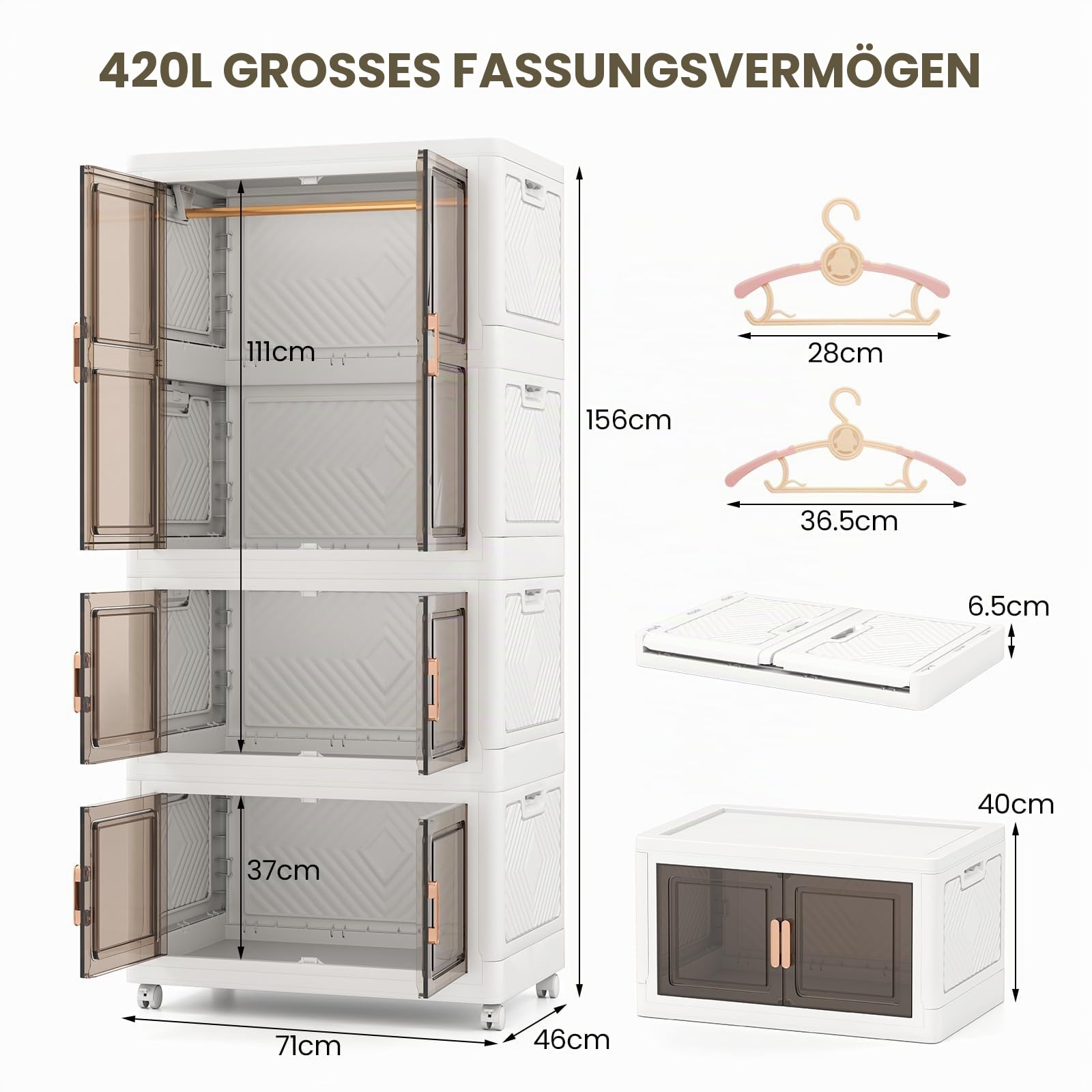 GIANTEX Aufbewahrungsbox, Kunststoff, 421 l, faltbar, mit Deckel, Rollen, 10 Kleiderbügel, Griffe, Kleiderschrank, für Schlafzimmer, Waschküche, Ankleidezimmer