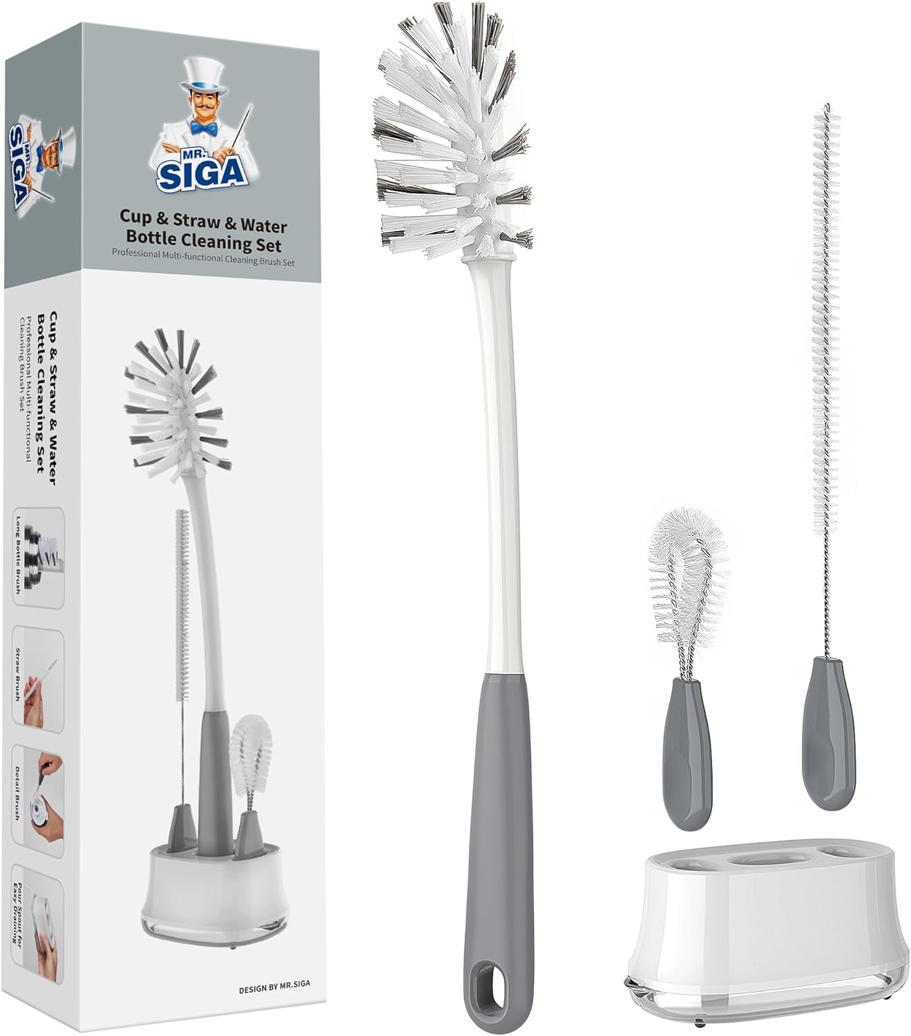 MR.SIGA Water Bottle Brush Cleaning Set with Holder - Durable Nylon Brushes for Tumblers, Straws, Baby Bottles & Glasses