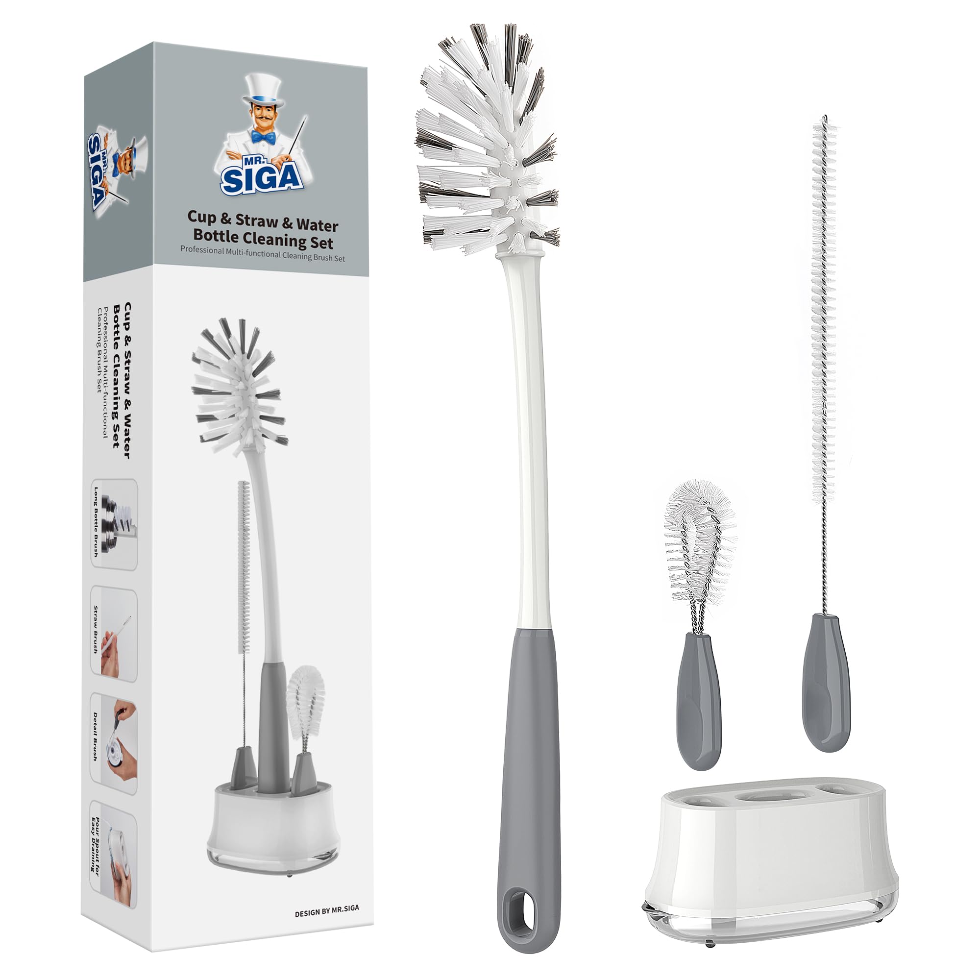 MR.SIGA Water Bottle Brush Cleaning Set with Storage Holder, Cleaning Brushes for Tumbler, Straw, Baby Bottles, Drinking Glasses