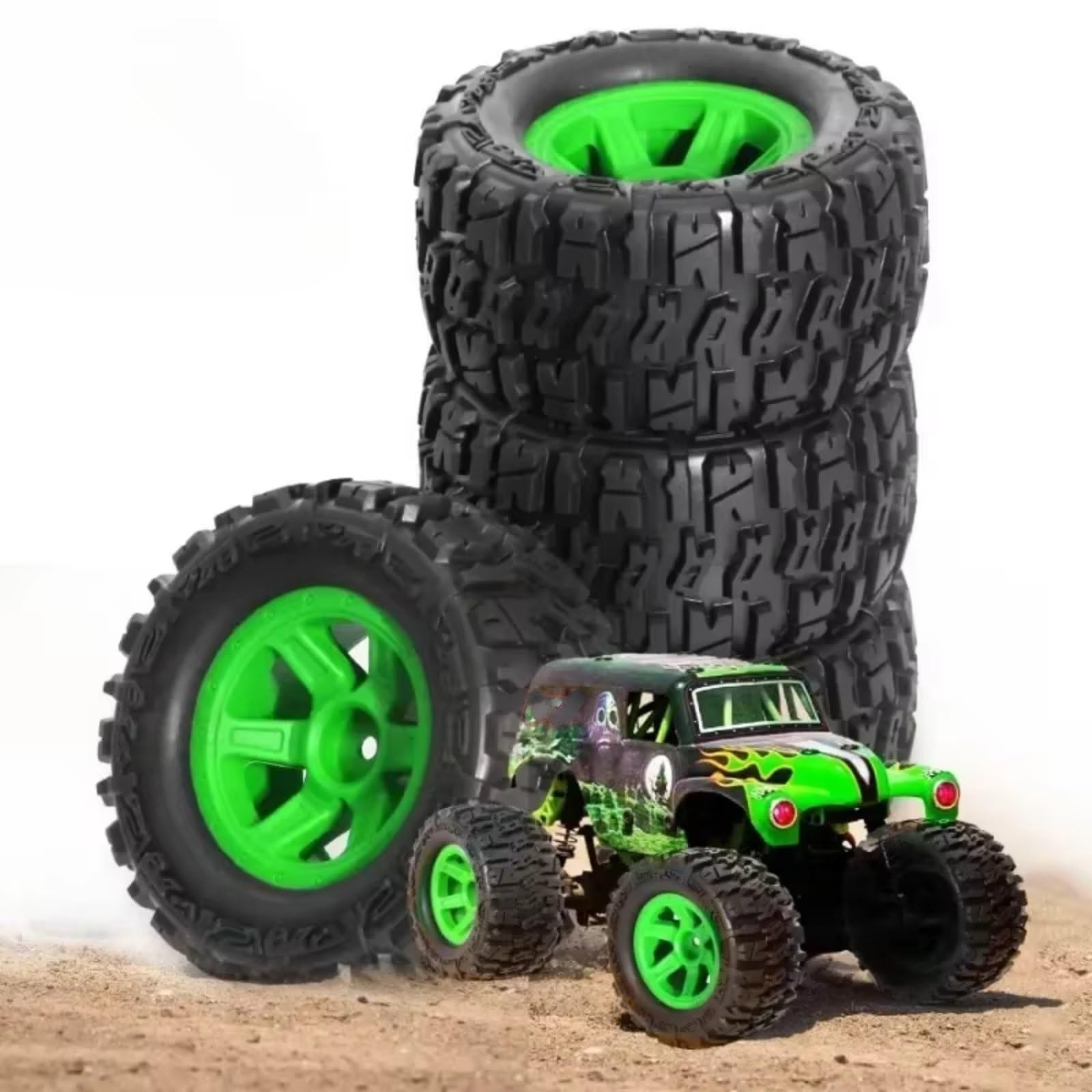 Ruota Pneumatici Monster Per Traxxas Per E-Revo Per MJX 16207 16208 1/16 | Parti auto RC con pneumatici in gomma monster truck 90mm trazione stabile su piste sterrate ghiaiose(Green)
