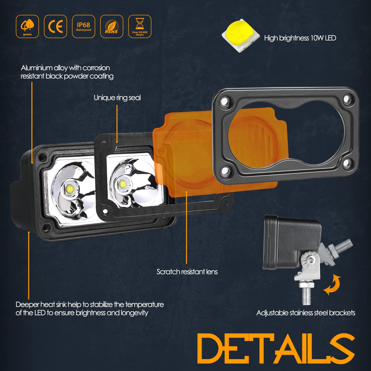 3インチ 40W 防水 アンバー フォグライト POD ライト オフロード ドライビング ライト ワーク 補助 ライト バンパー ライト 適用: UTV AL-RR-7169 AL | Nirider LED ポッド アンバー 2個 40W 小型 3インチ ライト