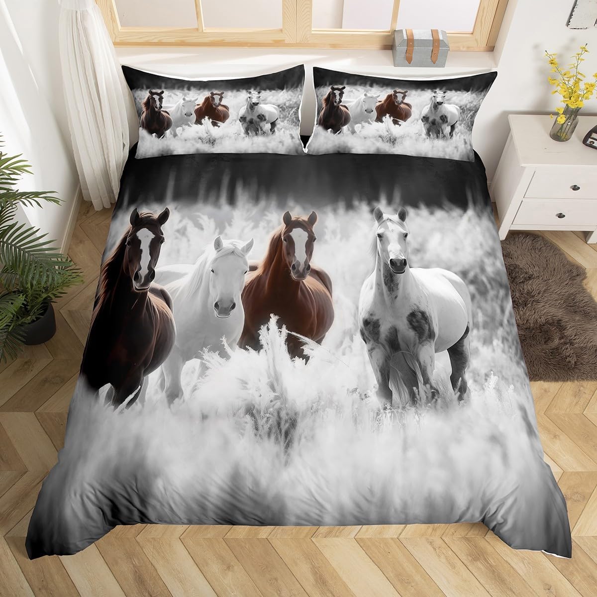 Brown Horse Comforter Cover Western Cowboy Bedding Set Exotic Farm Animals Duvet Cover Set for Kids Teen Boys Adults Horses Wildlife Rustic Country Bedclothes with 1 Pillow Case Twin Size White