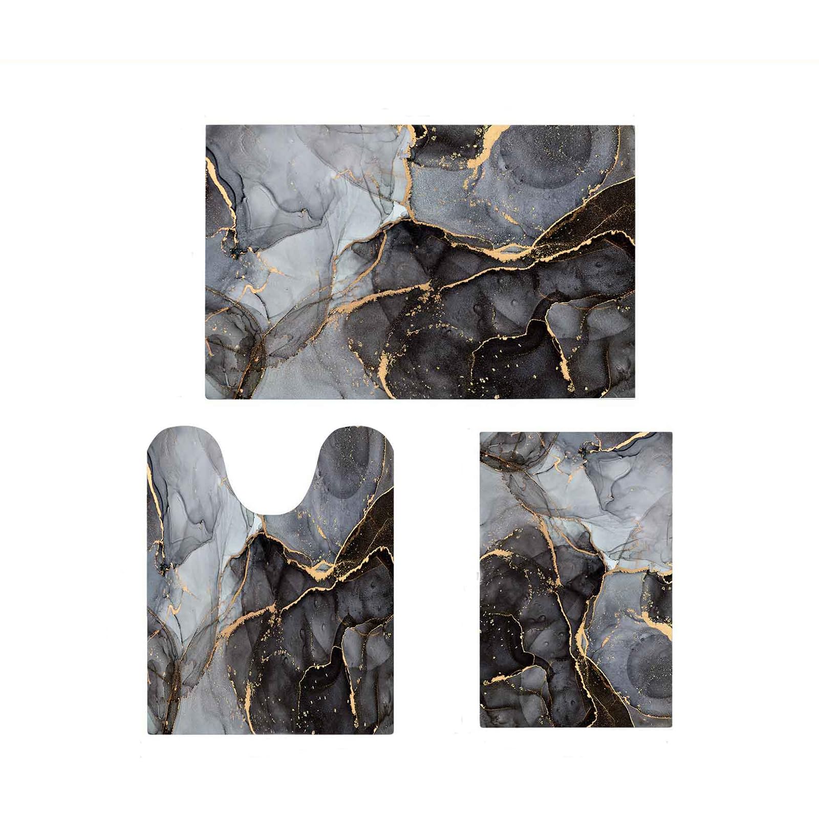 EMMTEEY Bathroom Rugs Sets 3 Piece,Black Gray and Gold Marble Bath Mat Rug,Non-Slip Absorbent Bathroom Floor Mat,Fit Under Door,Easy to Clean,Shower