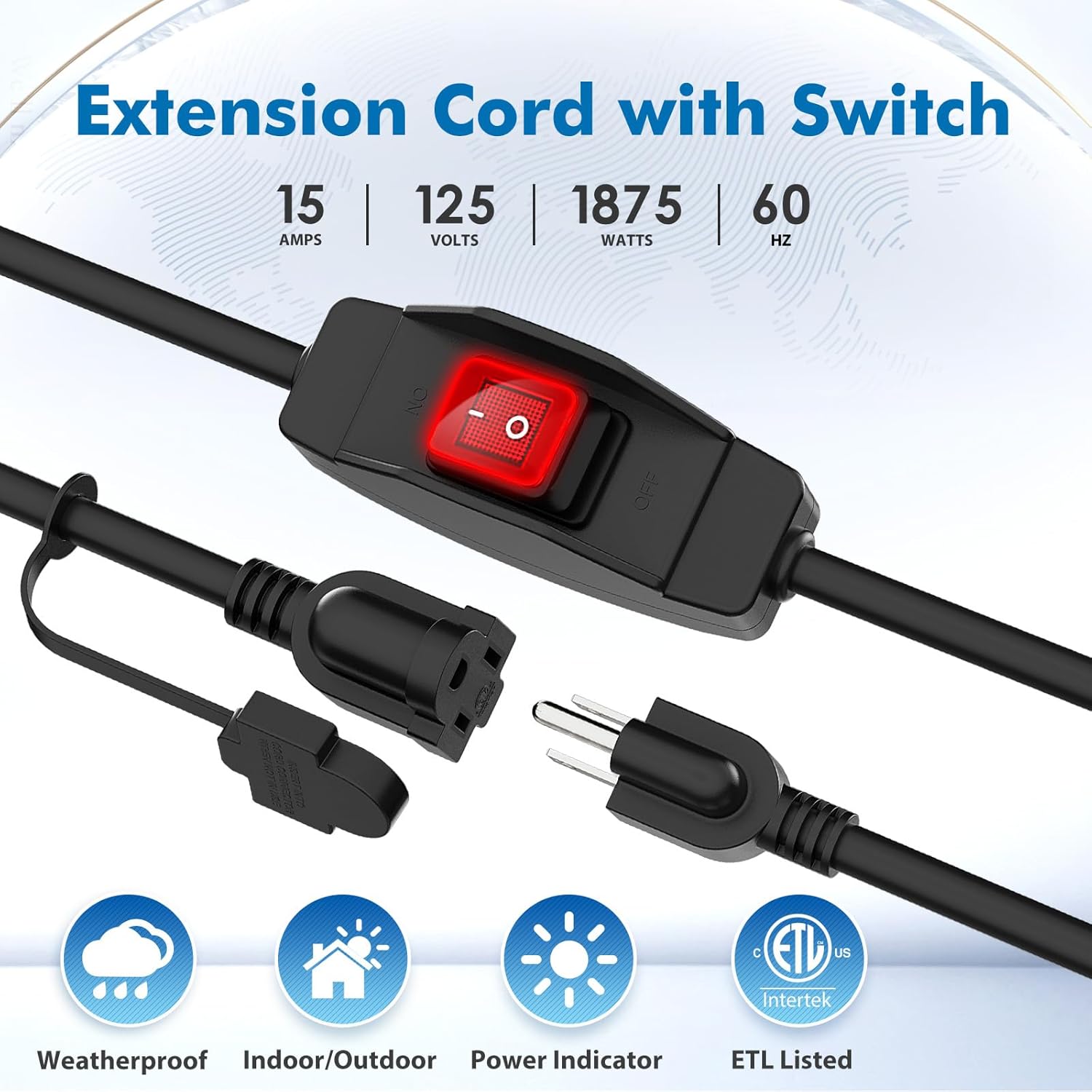 K KASONIC - 50 FT Extension Cord with Switch, 14/3 AWG Gauge 1875W/15A Grounded Outlets 3 Prong Plugs with Safety Cover, Heavy Duty Cable On/Off Waterproof Switch,ETL Listed