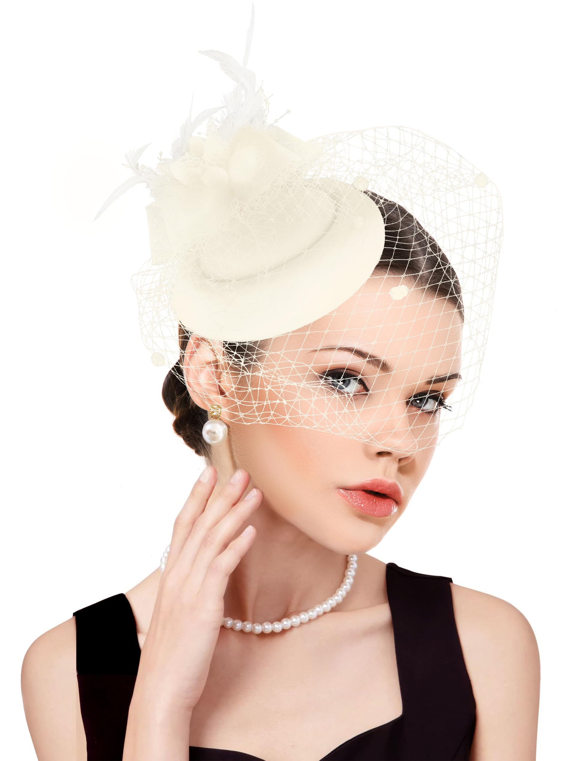 dressfan Fascinator Sombrero de Mujer Bibi Diadema,Años 20 Años 50 Vintage Elegante Malla Plumas Flores Accesorios de Cabello Tocado para Boda/Cocktail/Fiesta del Té,Beige