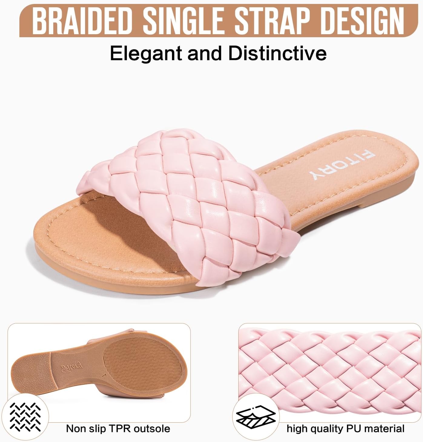 FITORY Womens Flat Sandals Fashion Round Open Toe Slip On Slides with Braided Strap Slippers for Summer Size 6-11 - Image 3