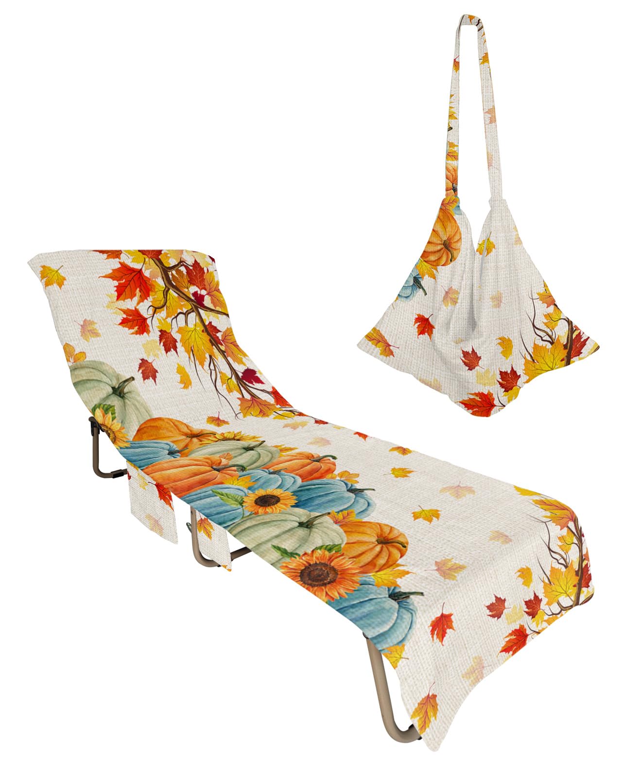 Thanksgiving Beach Chair Towel Covers for Chaise Lounge with Side Pocket, Soft Plush Pool Towels Cover for Patio Sunbathing Outdoor 29''x85'' Rustic Fall Pumpkin Maple Leaves