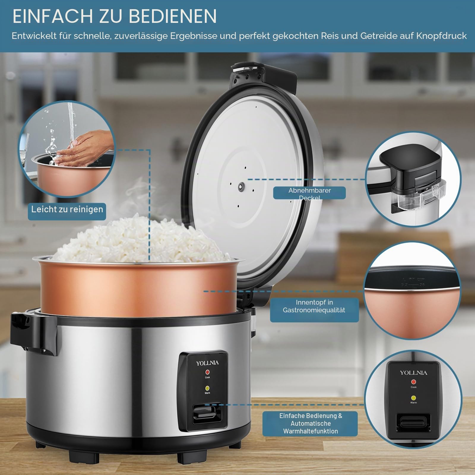 Reiskocher [23L Große Kapazität] Für 50-80 Personen, antihaftbeschichtet, ohne zu verbrennen, mit automatischer Warmhaltefunktion, 2500 W, herausnehmbarer und spülmaschinenfester