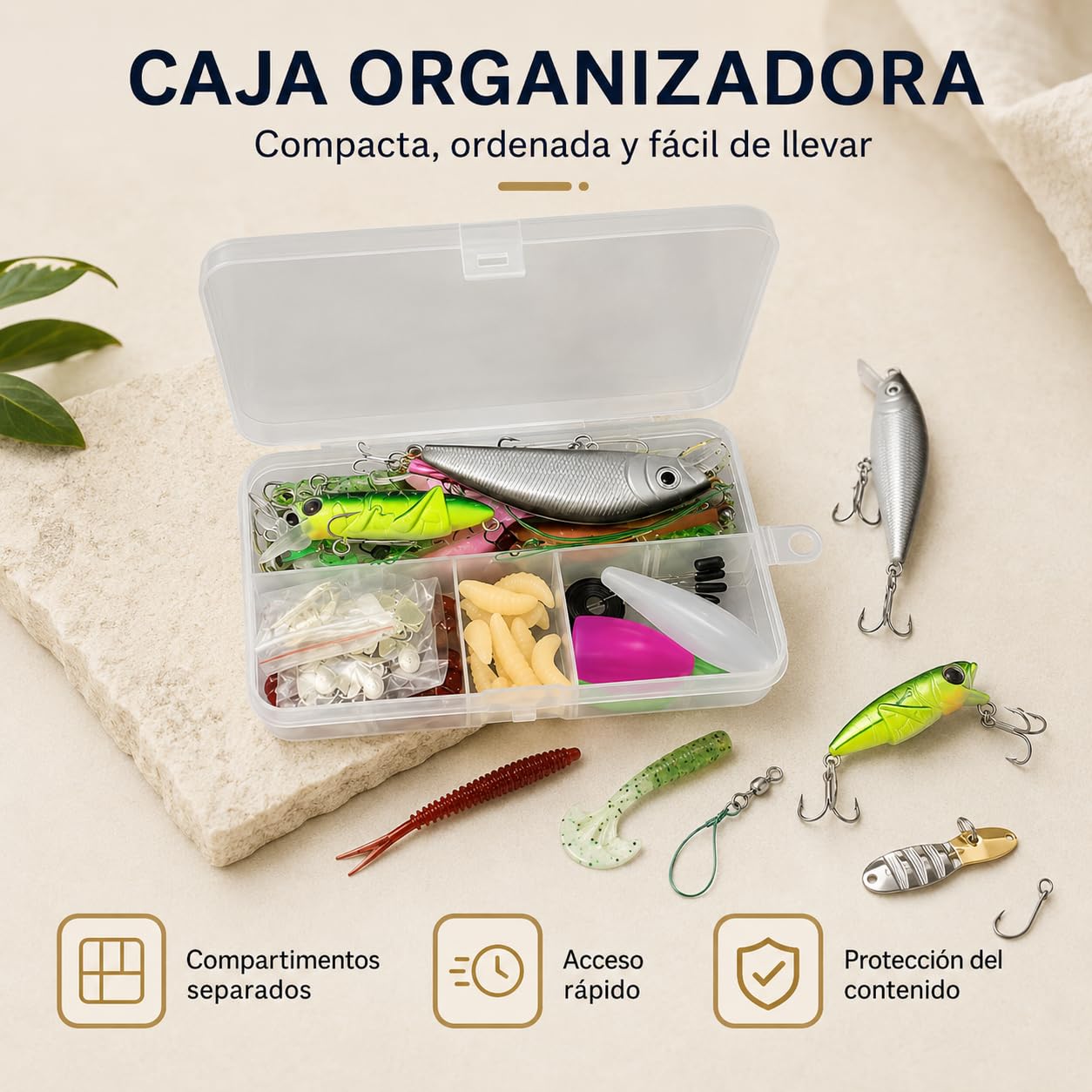 Kit de Señuelos de Pesca Spinning - Caja de Aparejos Completa con Cebos Artificiales Mixtos: Minnow, Saltamontes, Vinilos, Cucharillas y Anzuelos - Equipo de Pesca para Mar y Río (Black Ba