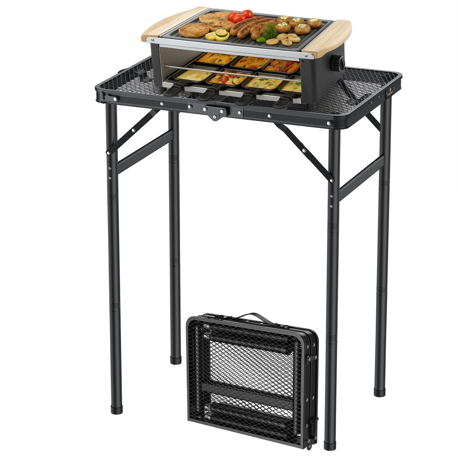 FUNYKICH Klappbar Grilltisch 60 x 40cm, Tragbarer Campingtisch Outdoor mit 3 Höhenverstellbar(27/51/75cm) Klapptisch mit Mesh Desktop, Leicht zu montieren, Multifunktionstisch für Picknick Camping