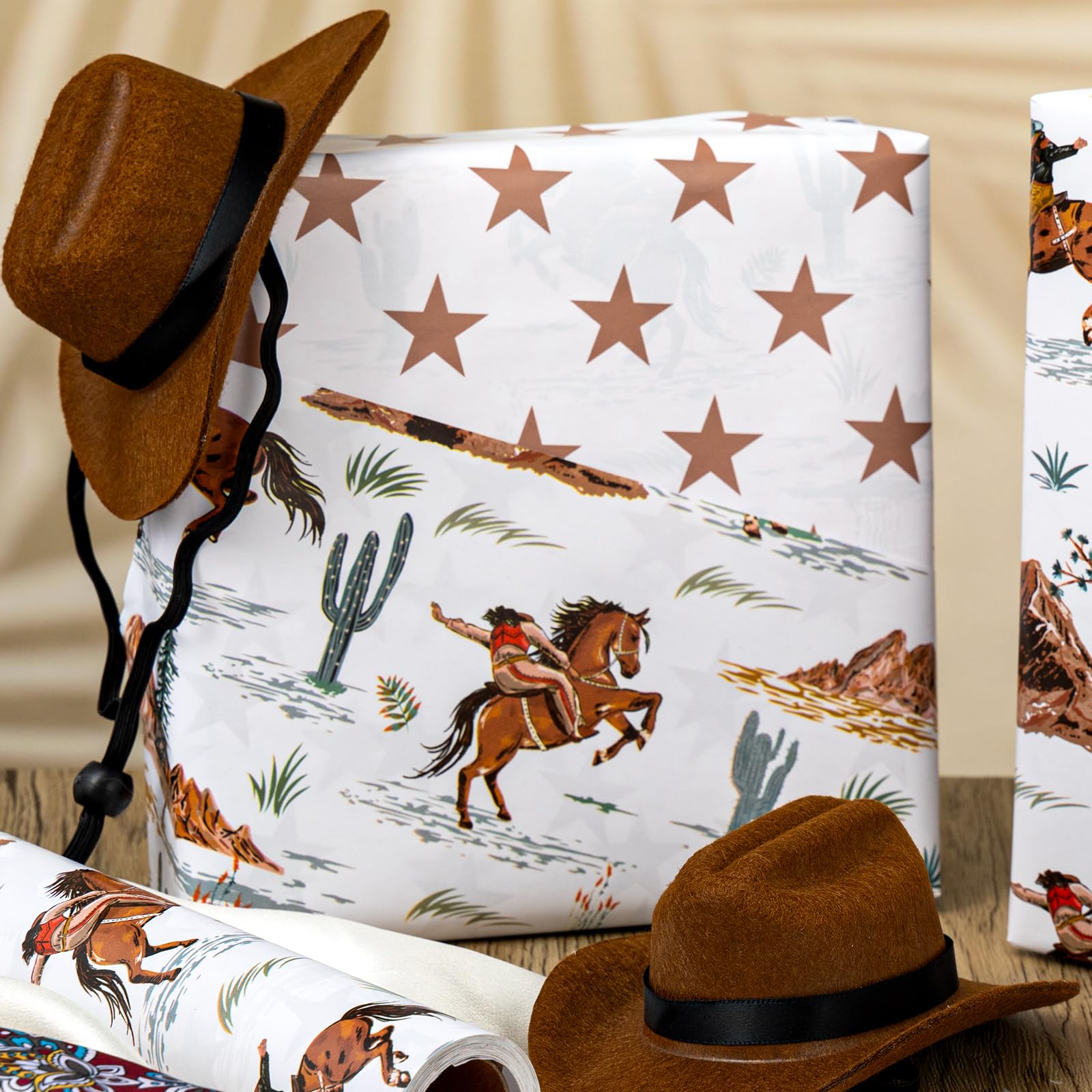 Homeral Western Rolka papieru do pakowania - wzór kowbojskiego konia i gwiazdy, dwustronny papier prezentowy na urodziny chłopców, impreza Wild West Nashville - mini rolka - 43 cm x 90 cm