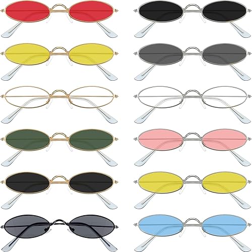 12 lentes de sol ovalados vintage, retro, delgados, marco de metal, gafas ovaladas, pequeñas gafas de sol vintage, colores dulces para hombre y