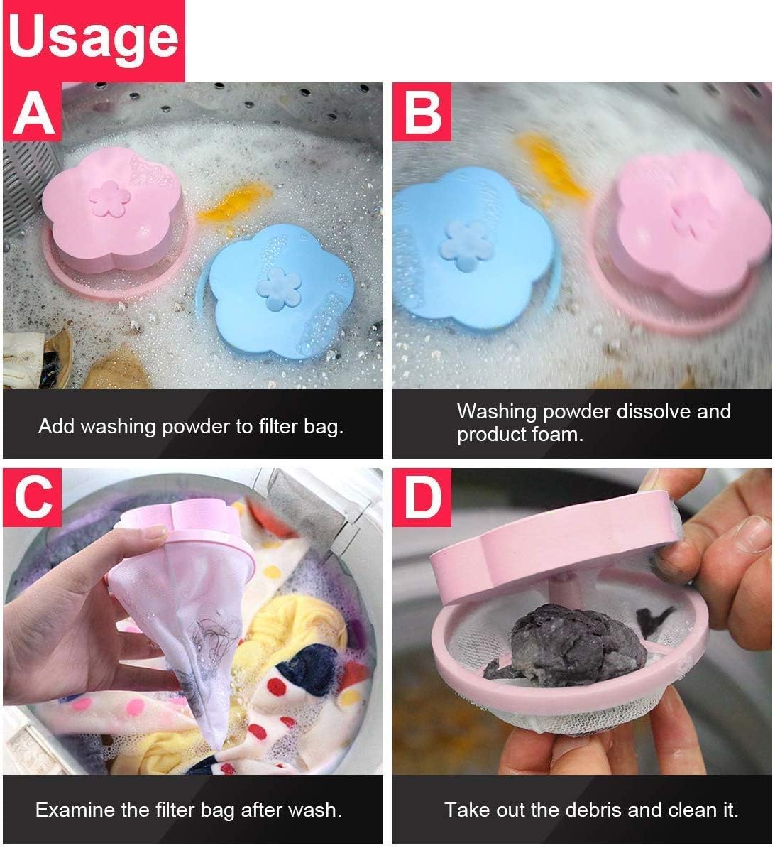 Reusable Washing Machine Lint Catcher, 4 Pieces Floating Pet Fur Hair Filter Net Pouch Lint Trap for Top-Loading Washing Machine