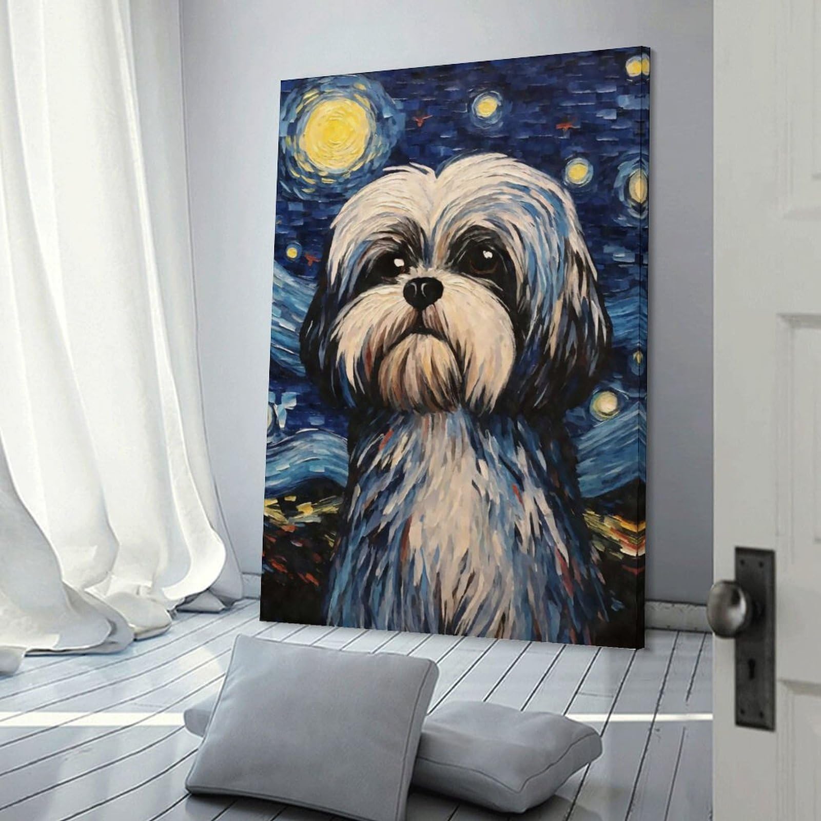 Junmoney Frame-Style-12 Shih Tzu Dog Starry Night Decorative Canvas Print, 24X36inch(60X90cm), For Home, Office, Studio Or Guest Room, Versatile Wall Decor For Many Rooms