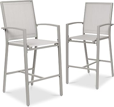 Best Choice Products Outdoor Bar Stools Set of 2, Bar Height, Patio Furniture, All Weather Mesh Design w/Armrest - Gray/Gray