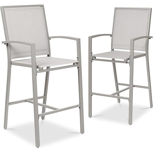 Best Choice Products Outdoor Bar Stools Set of 2, Bar Height, Patio Furniture, All Weather Mesh Design w/Armrest - Gray/Gray