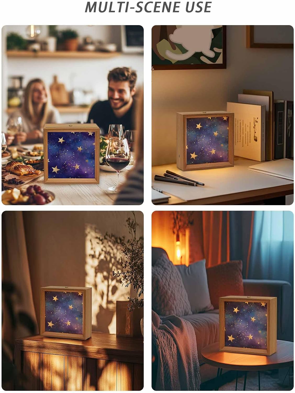 Wood Night Light Box 6.5x6.5in,Retro Dream Star on Purple Table Lights Wooden Picture Frame with USB Rechargeable Touch LED Lights for Home Decor Desktop Display,Romantic Starry Sky image 5