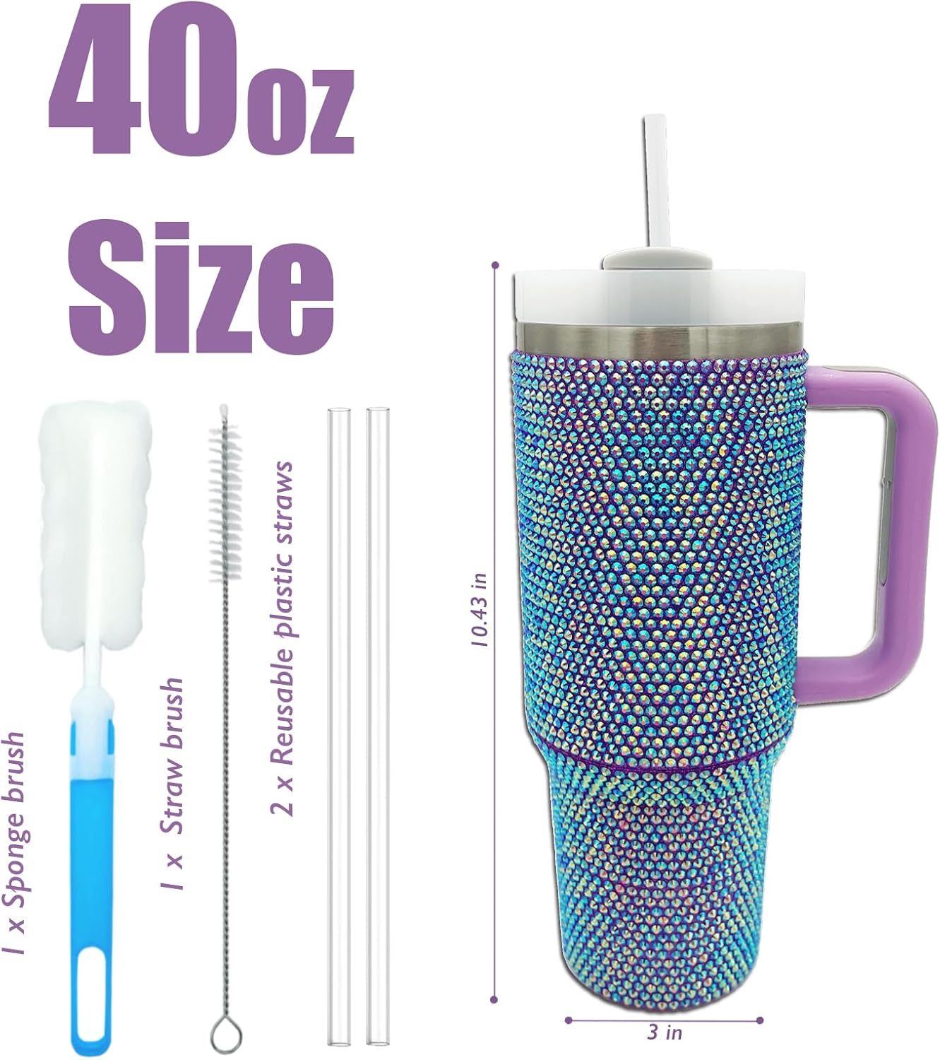 40oz Bling Tumbler with Handle and Straw Lid Rhinestone Studded Tumbler Cups Vacuum Insulated Stainless Steel Double Wall Water Bottle Travel Mug Gifts for Women Her (Purple) - Image 2