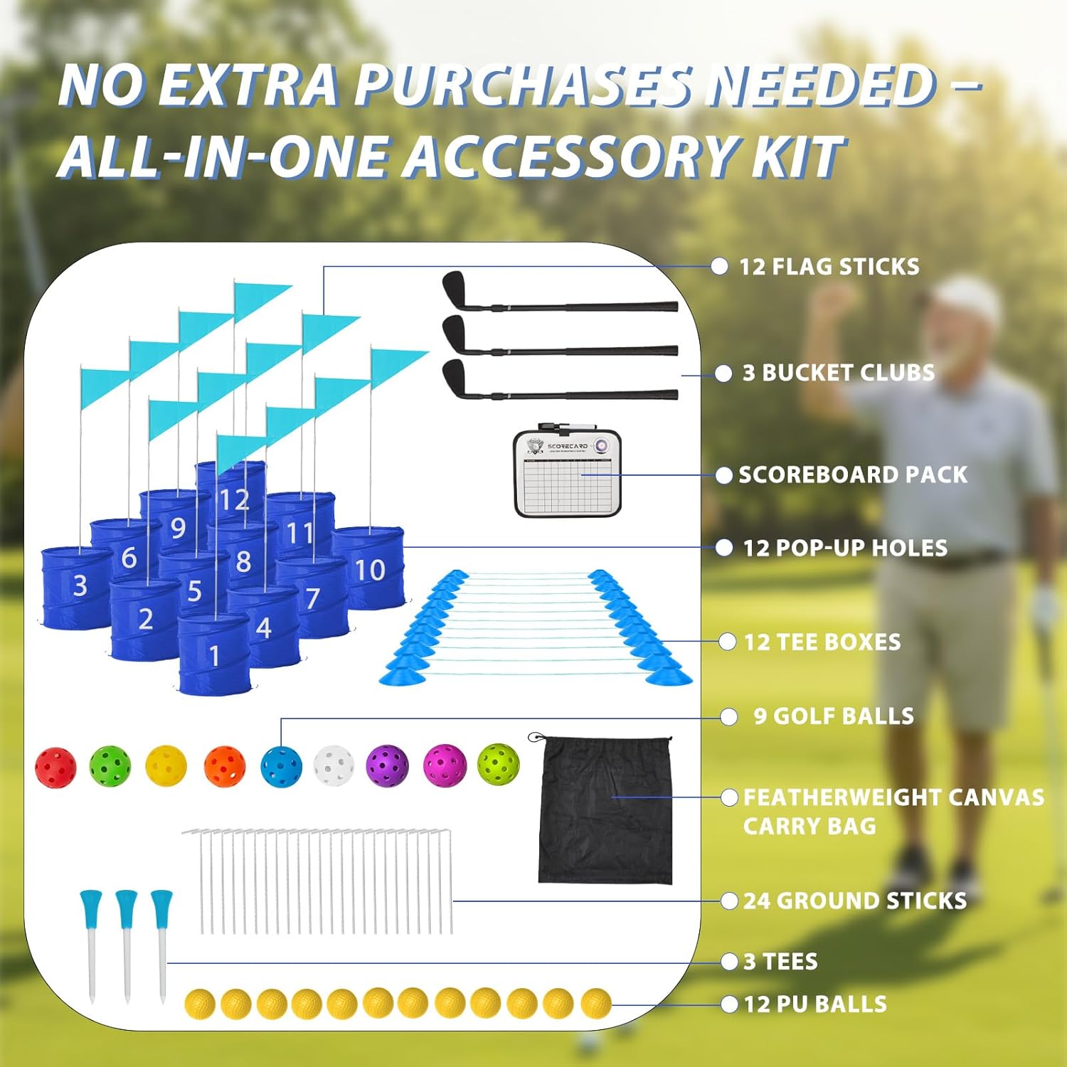 Bucket Yard Golf Game with Clubs 9 Hole Set Portable Low Tide Golf Game for Beach Backyard Lawn with 2 Golf Outdoor Indoor Golf Chipping Games for Adults Family Club Party (Blue, 12 Bucket)