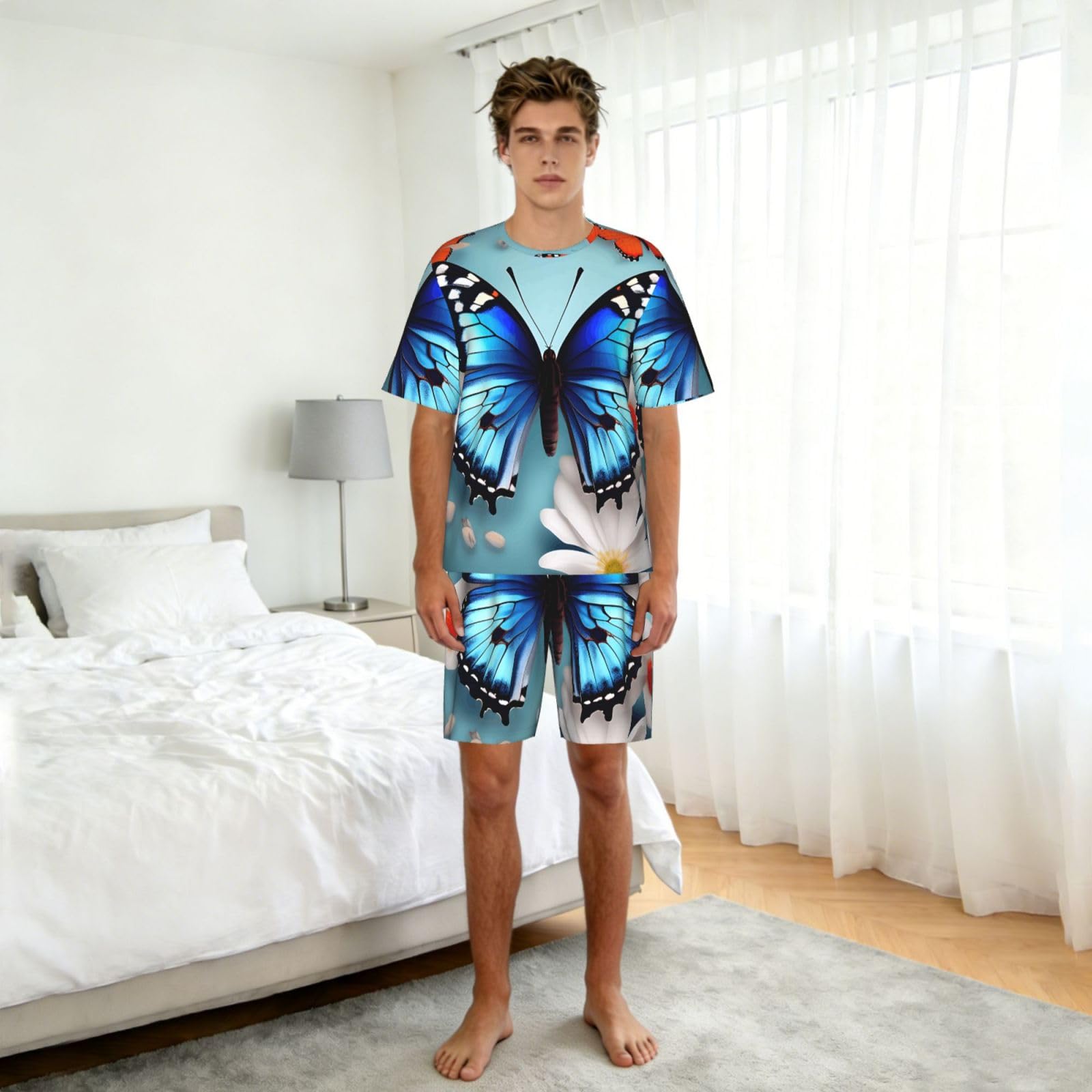 Conjunto de pijama clásico para hombre, estampado de mariposas y flores, pantalones cortos de pijama suaves para hombre, perfecto para las noches de verano