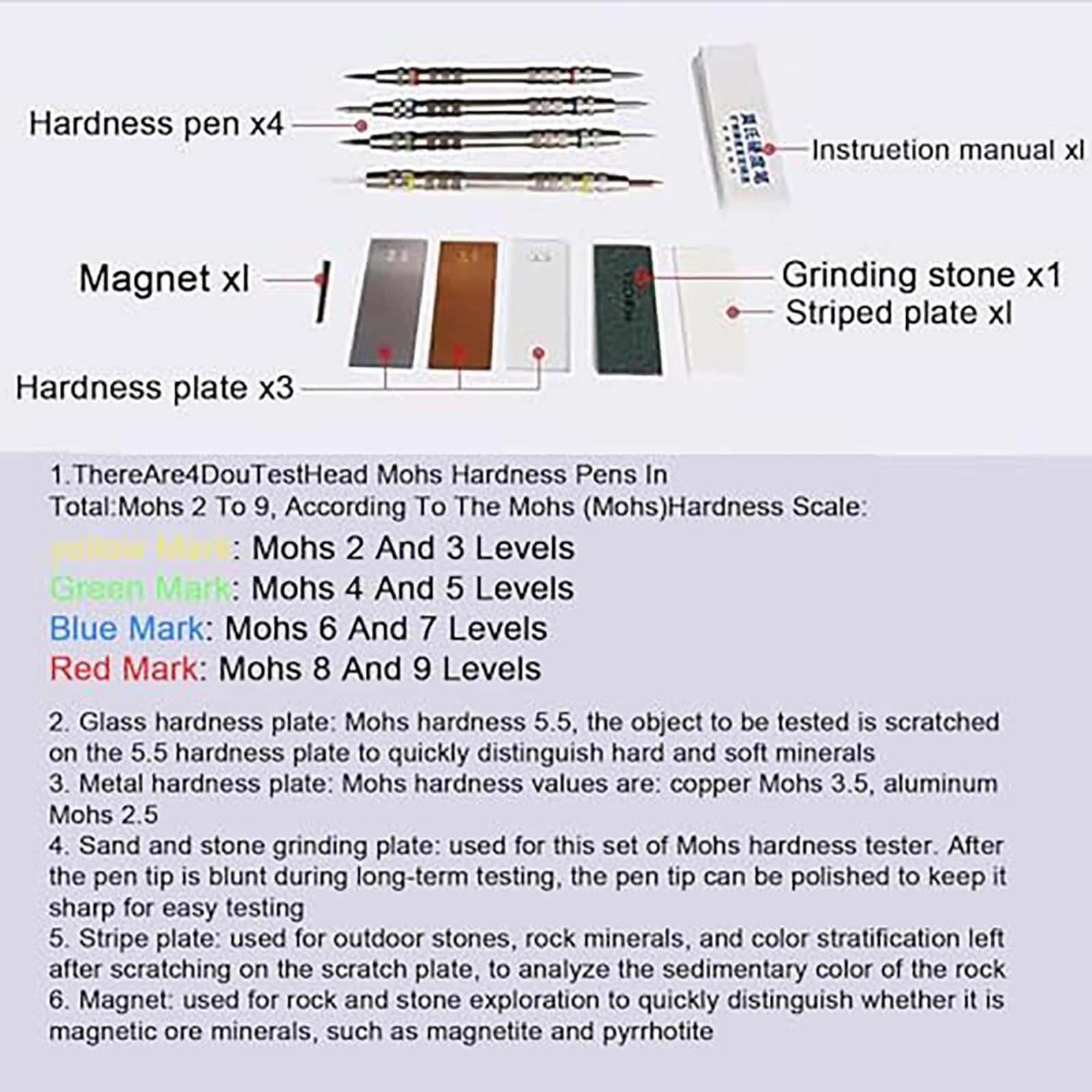 Kit de test de dureté Mohs - Paquet de 4 pics en acier inoxydable avec boîte de rangement, aiguille de notation à double extrémité avec différents niveaux de dureté, for les tests minéraux