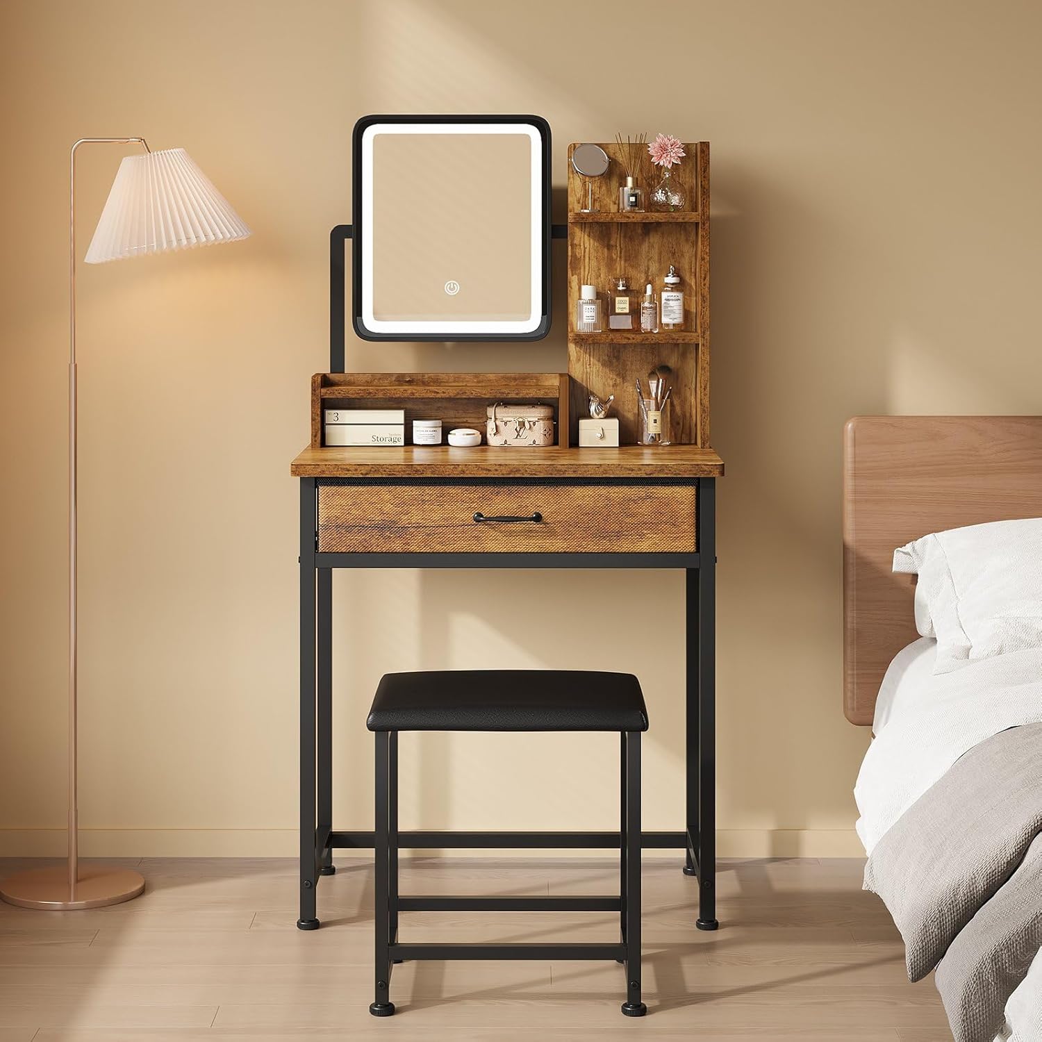 Makeup Vanity Desk with Mirror and Lights, Small Vanity with Fabric Storage Drawer & Chair & Shelves, Rustic Brown Compact Makeup Vanity Set for Bedroom