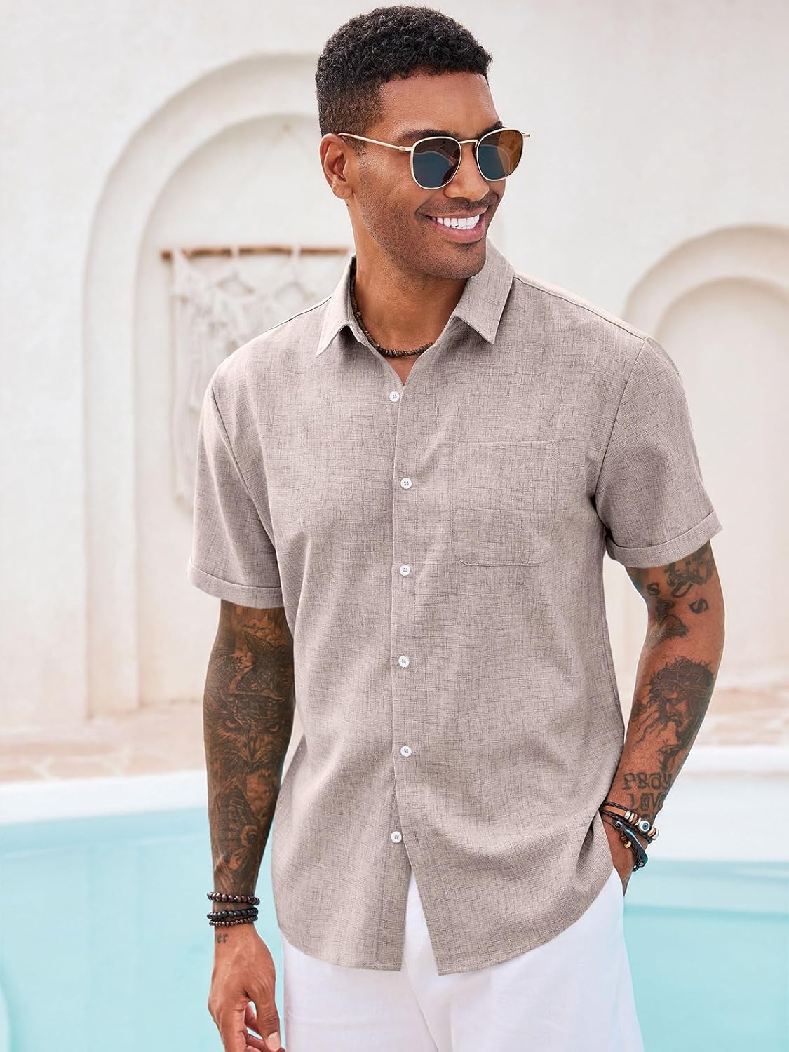 Runcati Mens Button Down Shirt Short Sleeve Casual Summer Beach Wedding Tops - Image 3