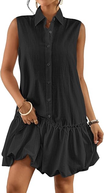 Bsubseach Women Casual Summer Linen Dress Bubble Mini Dress | Sleeveless Button Down Cotton Shirt Sundress with 2 Pockets, Flatters All Figures, Beach Vacation, Brunch Date & Daily Wear