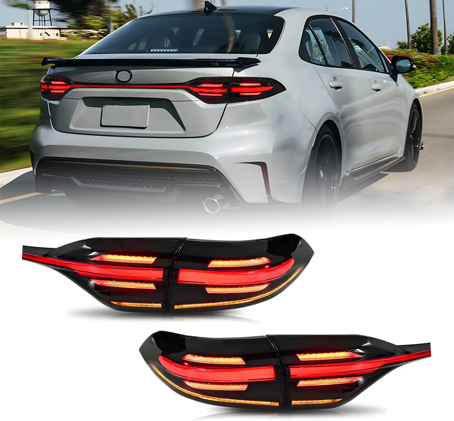 HCmotion Smoked LED Tail Lights Assembly for Toyota Corolla Sedan E210 2020-2024, 3-PCS Rear Lamps with Center Trunk Light Bar, Start-up Animation, Sequential Turn Signal, Brake, Reverse & Fog Lights