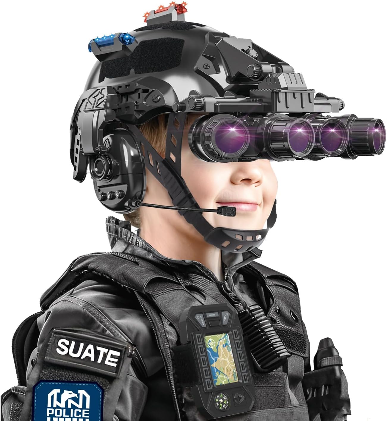 Kids Tactical Helmet Set with Headset Walkie Talkies, Police Kids Toy Soldier Army Multifunctional Helmet Set with Binoculars, Cosplay Toy Paintball Airsoft Over 3 Years Old