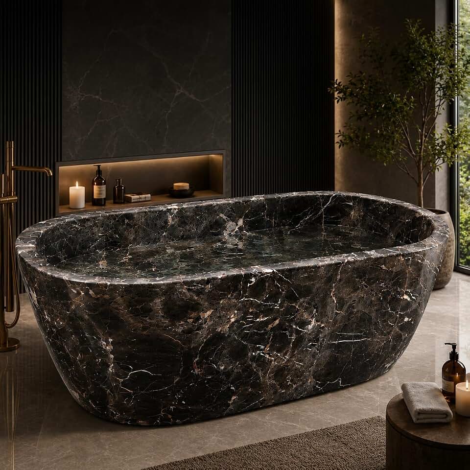 Chetto C Natural Marble Freestanding Bathtub, Dark Stone Deep Soaking Tub with Unique Veining, Honed Matte Finish, Sculptural Luxury Soaker for Villas, Hotels, Spas & Designer Bath Suites