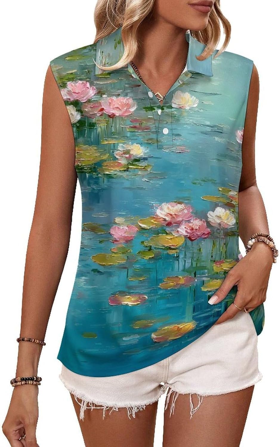 joo meryer Women's Sleeveless Tennis Golf Polo Shirts 3D Printed Moisture Wicking Button Down Tank Top